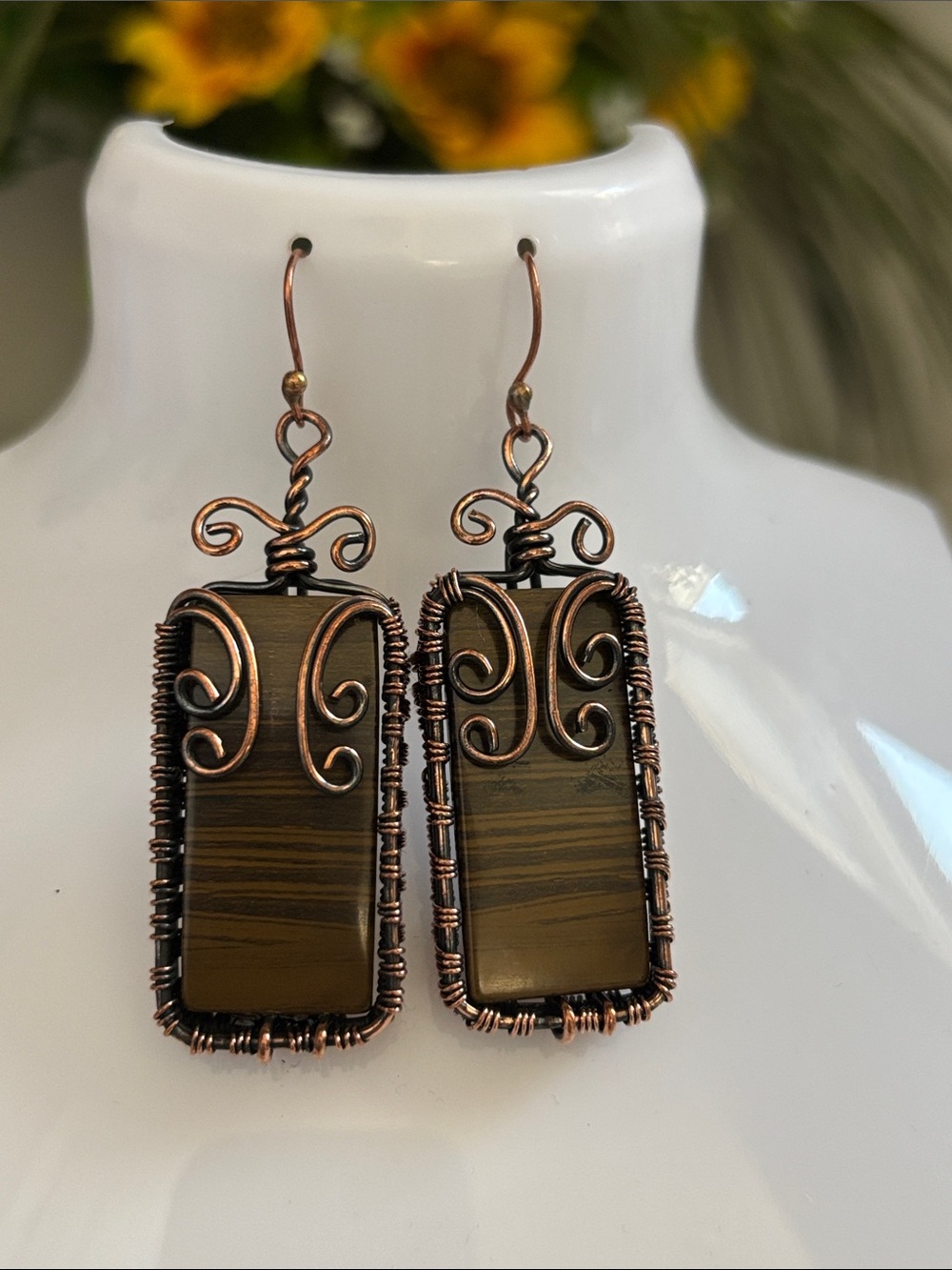 Handcrafted Copper Wire Wrapped Rainbow Calsilica Dangle Earrings